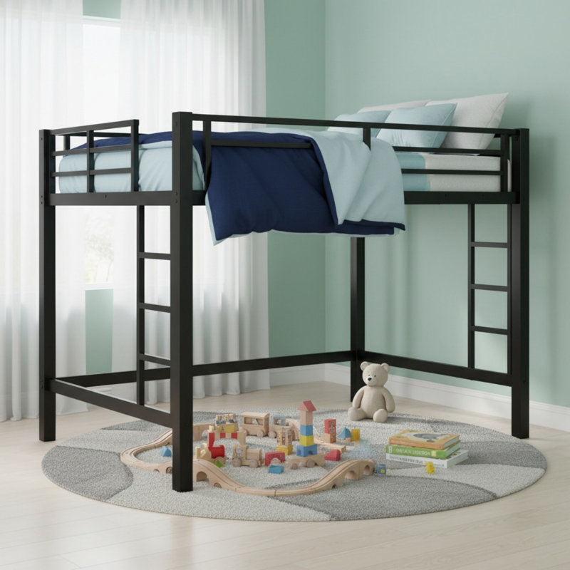 Full Size Metal Loft Bed, Loft Bed with Easy Climbing Ladder and Guardrails for Bedroom, Full
