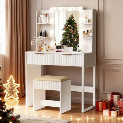 Particle Board Laminated With Textured Melamine, 2-Drawer 4-Tier Shelf, With 10 Three-Tone Dimmable Bulbs, Dressing Table Set by Wrought Studio