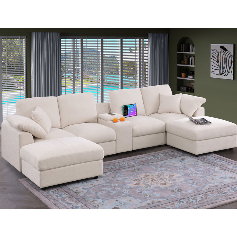 128.75” Sectional Sofa With 2 Ottomans, Beige