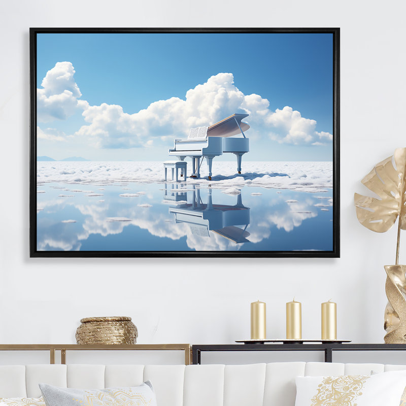 Piano flottant dans un nuage, photo I, Cadre flottant noir, H 30 po x l 40 po x P 1,5 po