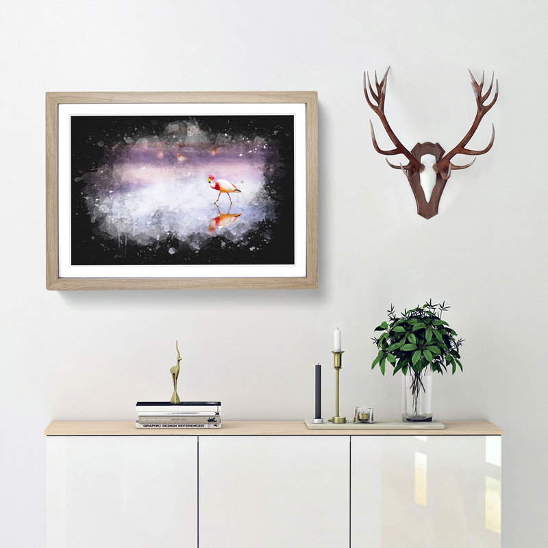 Flamingo Reflection - Picture Frame Graphic Art Print, 45cm H x 63cm W x 2cm D, Oak Framed