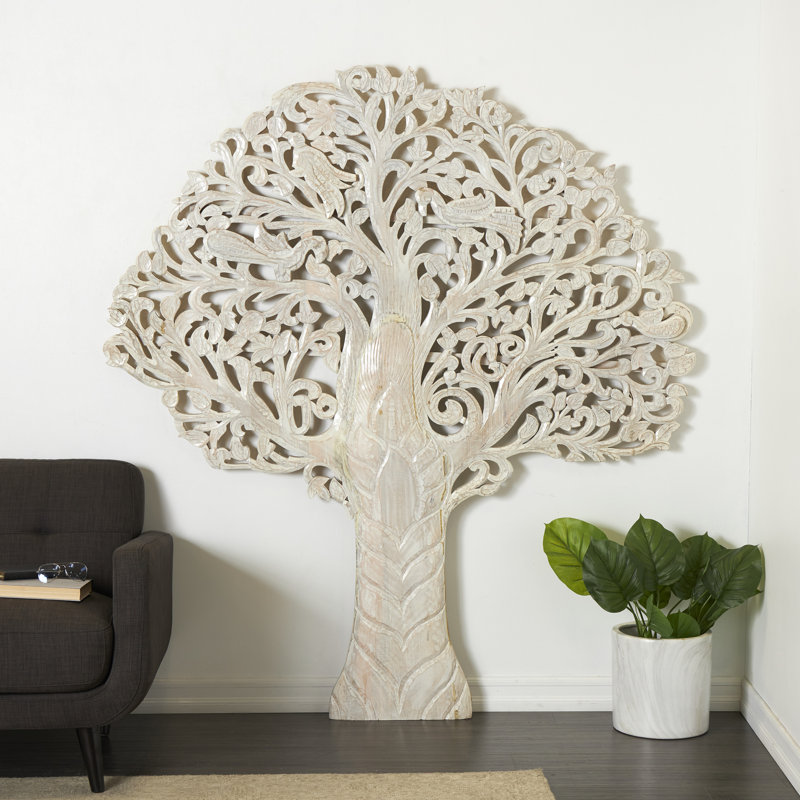 Décoration murale grand arbre sculpté en bois de manguier avec volutes, Blanc