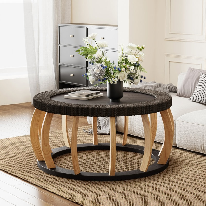 Table basse ronde ronde en bois massif de 35,43 po avec pieds courbés et table d'appoint Boho pour la salle à manger, la cuisine et le salon, brun noir