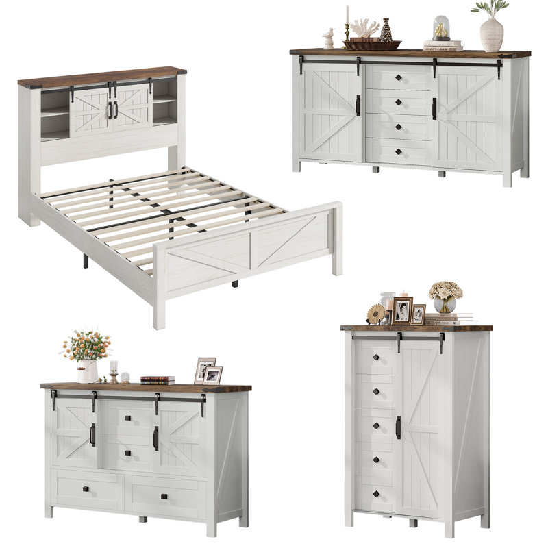 Ensemble de chambre à coucher de style maison de ferme et grange 4 pièces 4 pièces, White/Oak, Double