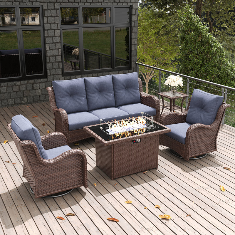  5 Pieces Outdoor Patio Furniture Set With Fire Pit Table, Rattan Wicker Sectional Swivel Rocker Chairs Sets With Swivel Glider Chair And Coffee Table