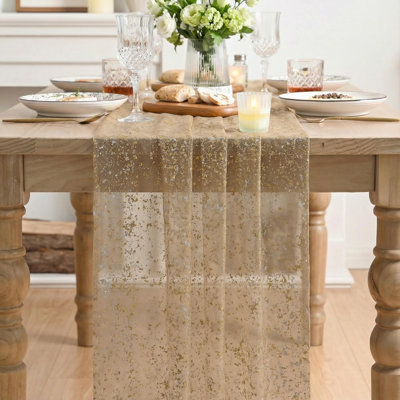 3PCCoffee Gold Gauze Table Runner 120 Inch 10FT, Glitter Metallic Foil Sheer Dining Wedding Anniversary Holiday Birthday Table Decor for Home Party