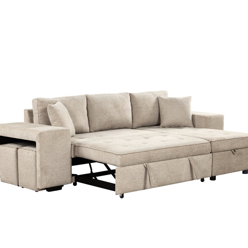 Modern L-Shape 3 Seat Sectional With Pull Out Sleeper And Storage Chaise, 2 Stools In Cream For Living Area 104.5" Couch Sleeper, Chaise Home Room
