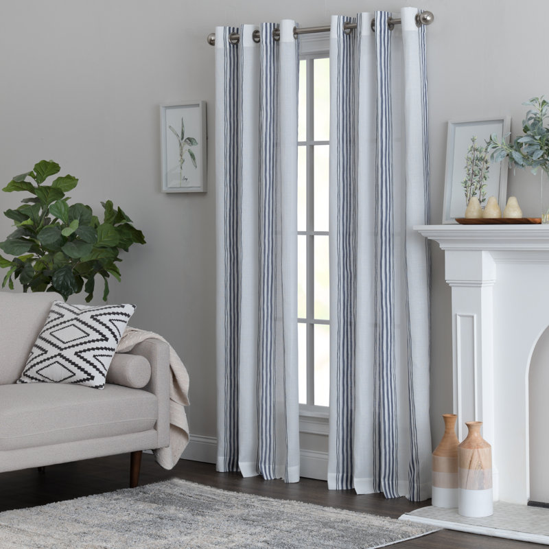 Sawna Polyester / Cotton Light-Filtering Stripped Curtain Panel with Grommet Top, 50" W x 95" L, Indigo