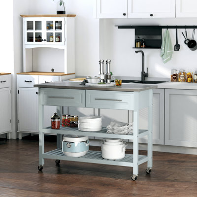 Îlot de cuisine avec plateau en acier inoxydable, îlot de cuisine traditionnel avec rangement, 2 tablettes ouvertes, tiroirs, gris clair