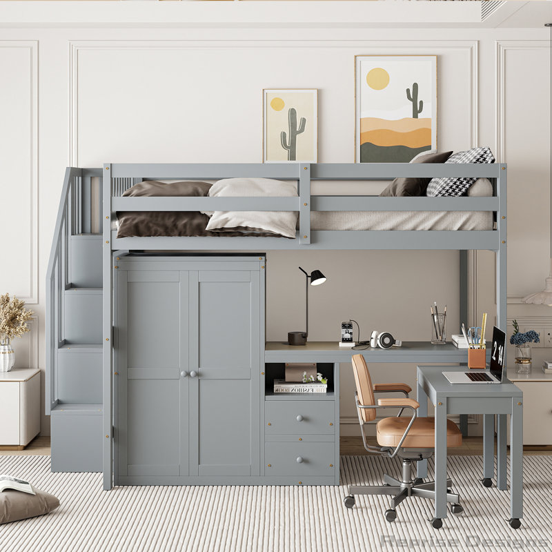 Bureau et garde-robe - Lit mezzanine multifonctionnel peu encombrant, Gris, Lit double