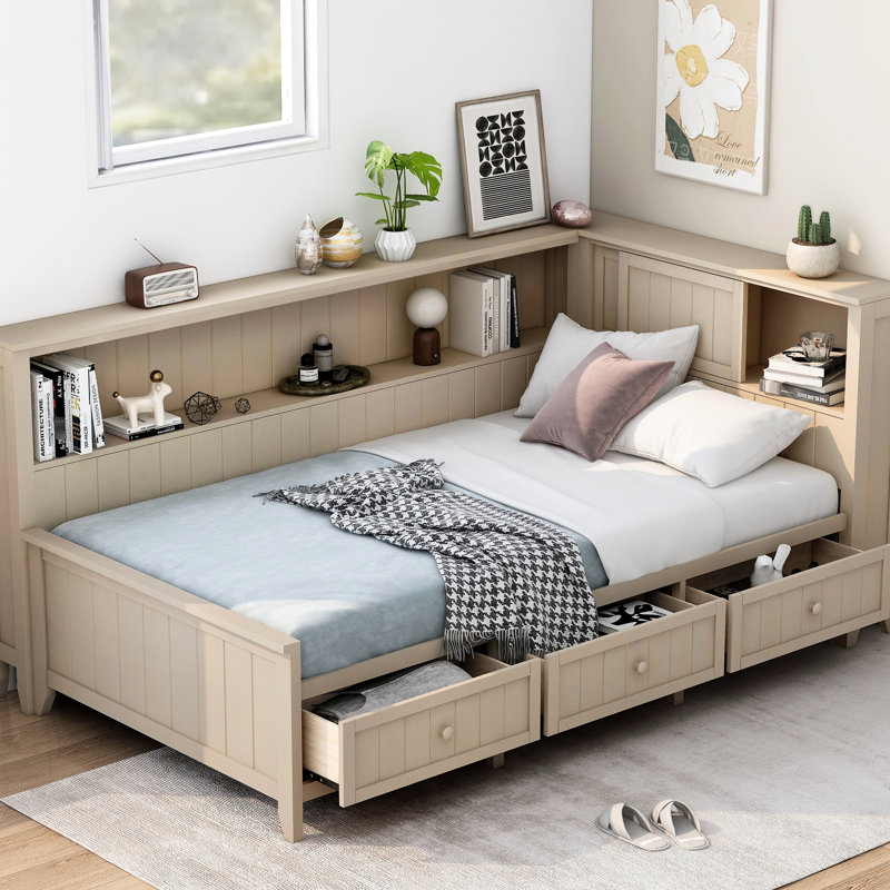 Lit de jour simple style avec 3 tiroirs et tablettes de rangement, blanc antique, espace en bois sans sommier, tiroirs, fabrication solide,