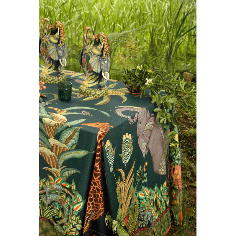Ardmore Cotton Tablecloth, Green/Brown/Gray, 138" L x 79" D