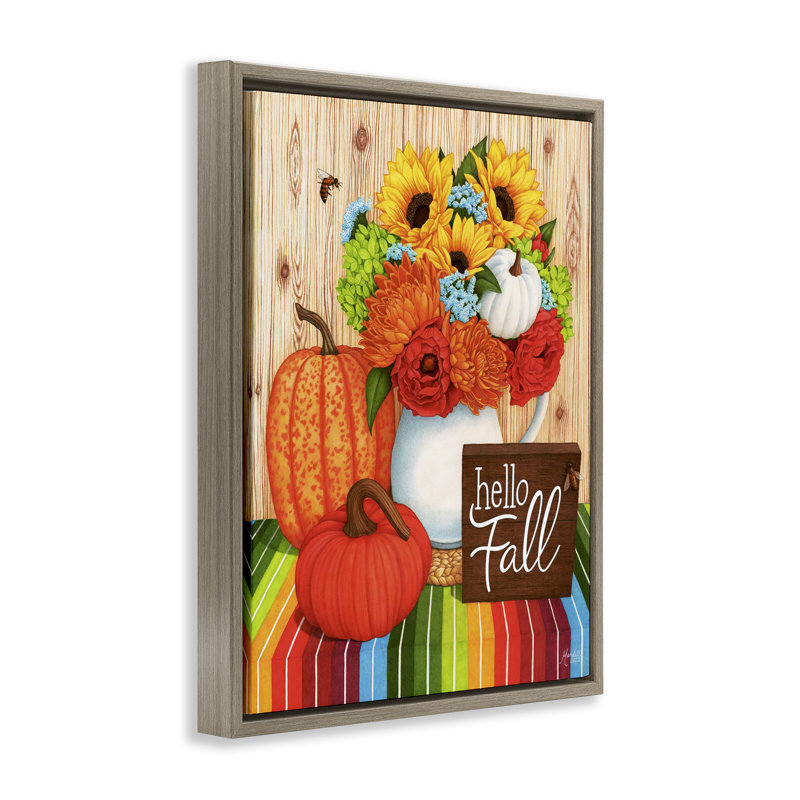 «Hello Fall Rainbow Pumpkins», art mural sur toile par Mardell Schuster, Cadre flottant orme Montalcino, H 31 po x l 25 po