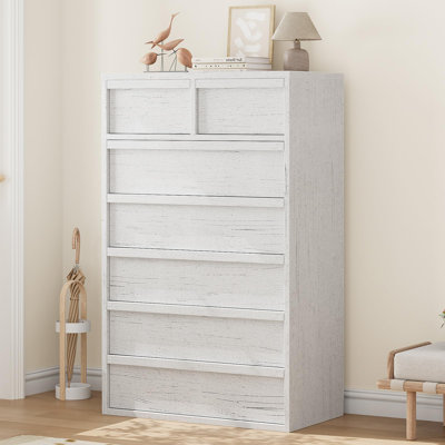 Natural Oak & White Modern 7-Drawer Tall Dresser, Freestanding Wooden Chest of Drawers, Multi-Purpose Storage Cabinet Works as Nightstand for Bedroom,