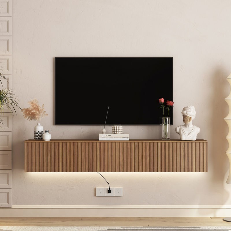 Sleek Wall-Mounted Floating TV Stand With 16-Color LED Lights And Ample Storage, 9.05"H x 64.96"L x 11.81"W, Wood
