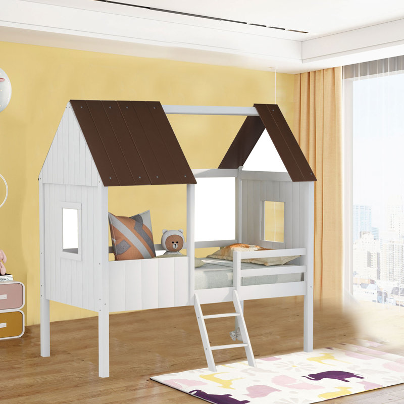 Lit mezzanine simple en bois avec deux fenêtres latérales gris et blanc antique