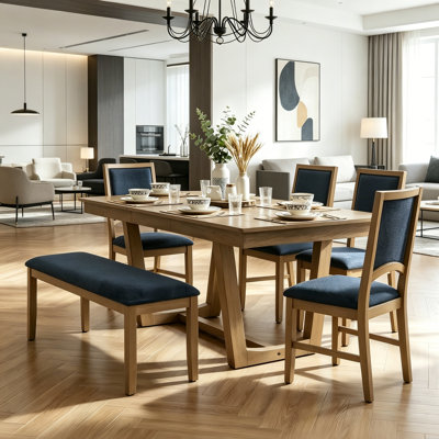 Ensemble de table de salle à manger extensible en bois massif 6 pièces avec rallonge amovible, 4 chaises rembourrées et un banc