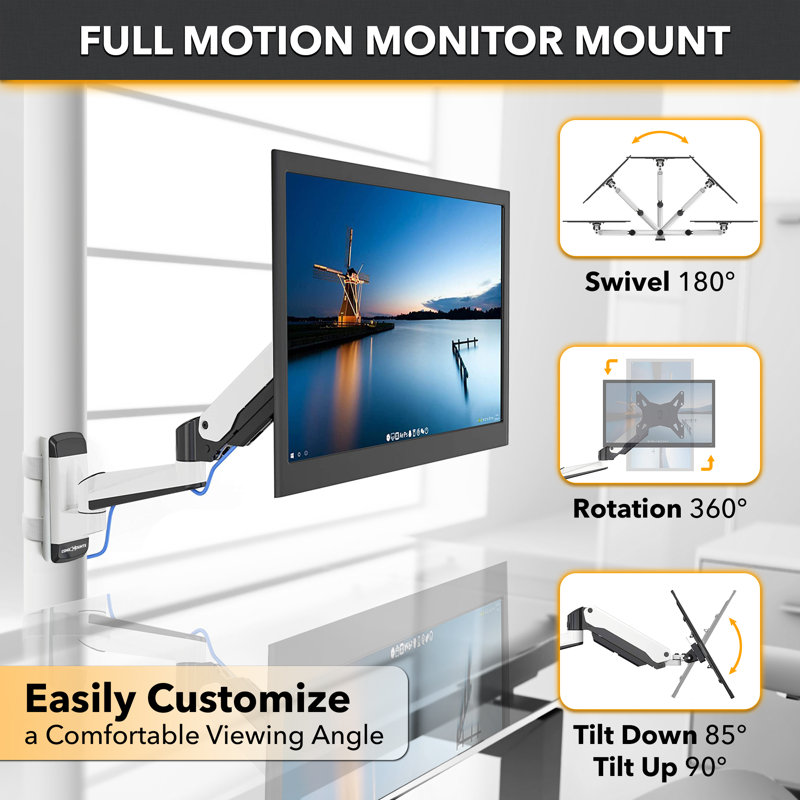 CondoMounts NO Drill Full Motion Pillar/WorkBench Monitor Mount,Holds 18lbs,Up to 32" Monitor, White
