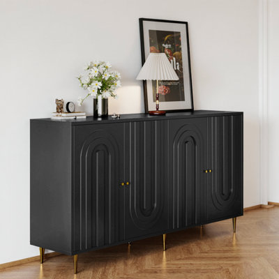 60" Modern Glam Sideboard Buffet in Matte Black Lacquer Finish, 4-Door Cabinet with Gold Hardware & Legs, Console with Adjustable Shelves, Hollywood Regency Accent for Living Room Dining Room