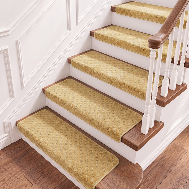 14 pièces de tapis d'escalier antidérapant pour escalier en bois Bullnose 9,5 po x 30 po, Grid, Kaki