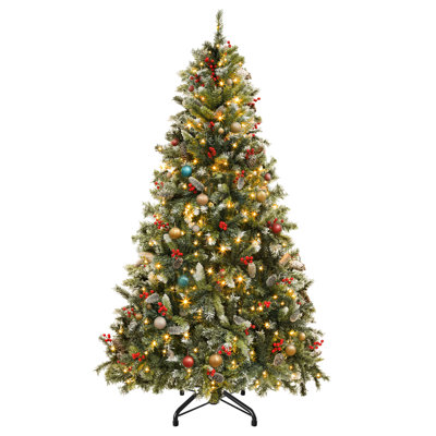 Arbre de Noël artificiel pré-décoré 6 pi / 7,5 pi / 9 pi avec pointes givrées, lumières pré-installées, pommes de pin et baies