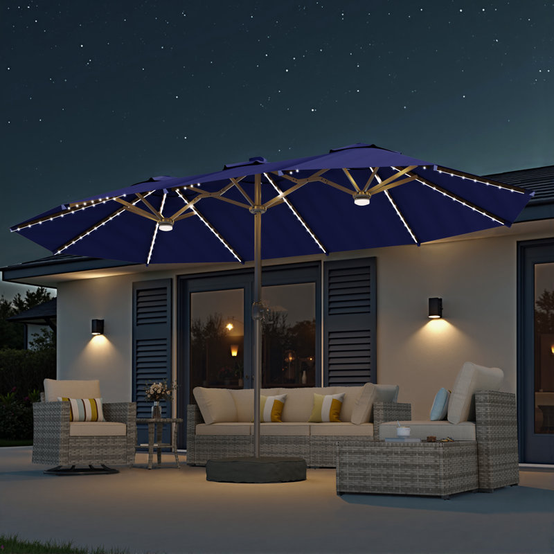 Parasol de marché rectangulaire 8,5 pi x 14,5 pi avec base et lumières DEL à changement de couleur, Marine