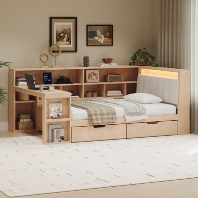 Full Size L-shaped Wooden Daybed with Desk and Storage Bookcase, Corner Bed with Upholstered Headboard and Under-bed Drawers and LED Light for for Bed