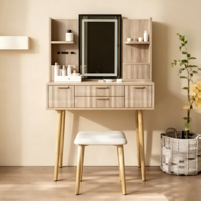  4-Drawer Vanity Desk with LED Mirror and Carved Details, Fluted Makeup Table with Metal Legs and PU Stool, Carved Dressing Table with Jewelry Storage for Bedroom, Yellow Brown
