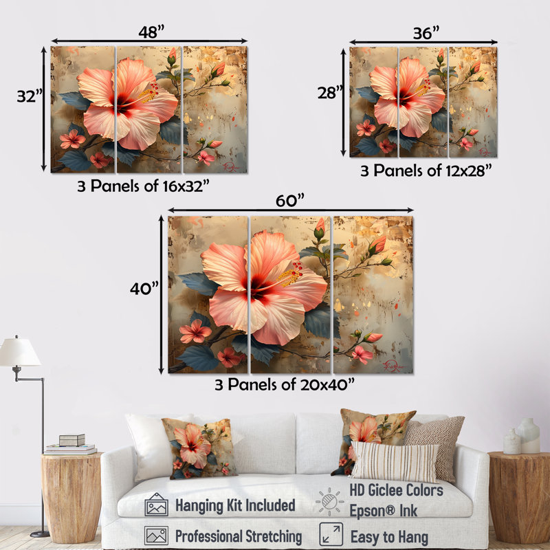 Hibiscus rétro rose et beige - Hibiscus Wall Art, ensemble de salon, Toile tendue, H 32 po x l 48 po x P 1 po