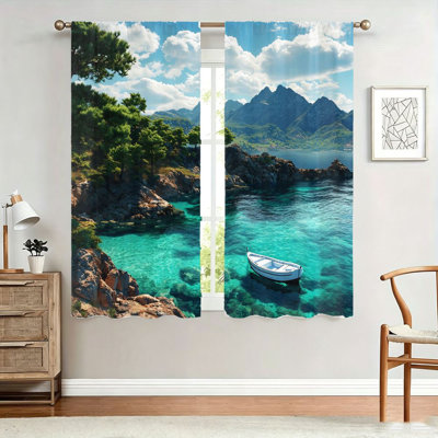 2Pcs rideaux de paysage de bord de mer serein, tissu filtrant la lumière, imprimé turquoise turquoise et majestueux montagnes, passe-tringle de protection de la vie privée, idéal pour le salon, la chambre à coucher, le balcon, la cuisine
