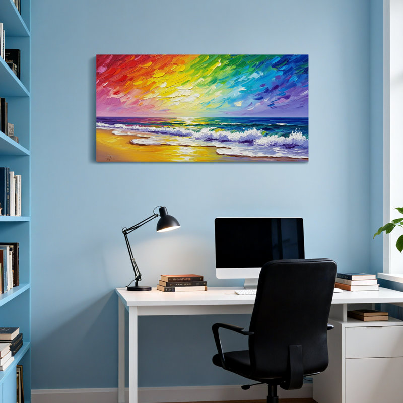 Nautique et plage, ciel coloré, vagues océaniques, coucher de soleil sur toile, H 20 po x l 40 po