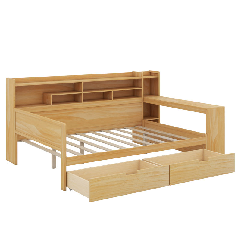Lit de jour double avec tablettes, tiroirs et bureau d'étude, Naturel