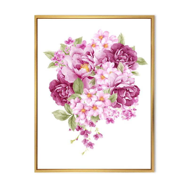 Fleurs roses rétro - peinture sur toile, H 20 po x l 12 po x p 1 po, Toile encadrée d'or