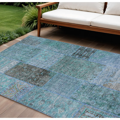 Tapis extérieur lavable bleu sarcelle 9 pi x 12 pi bleu turquoise et patchwork