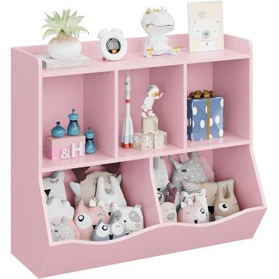 Pink Wooden Kids Toy Storage Organizer – Built-In Bookshelf & Book Rack, Playroom Storage Cabinet