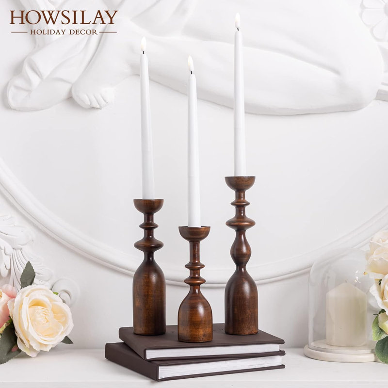 Rustic Brown Wood Tabletop Candlestick Holders Set