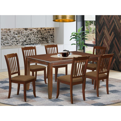 7 Piece Dining Set Consist of a Rectangle Dinner Table and 6 Linen Fabric Kitchen Dining Chairs, Mahogany