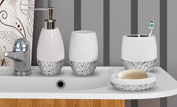 Ensemble d'accessoires de salle de bain en résine blanche, ensemble de luxe 4 pièces comprenant porte-savon, porte-brosse à dents, gobelet, pompe à savon et à lotion