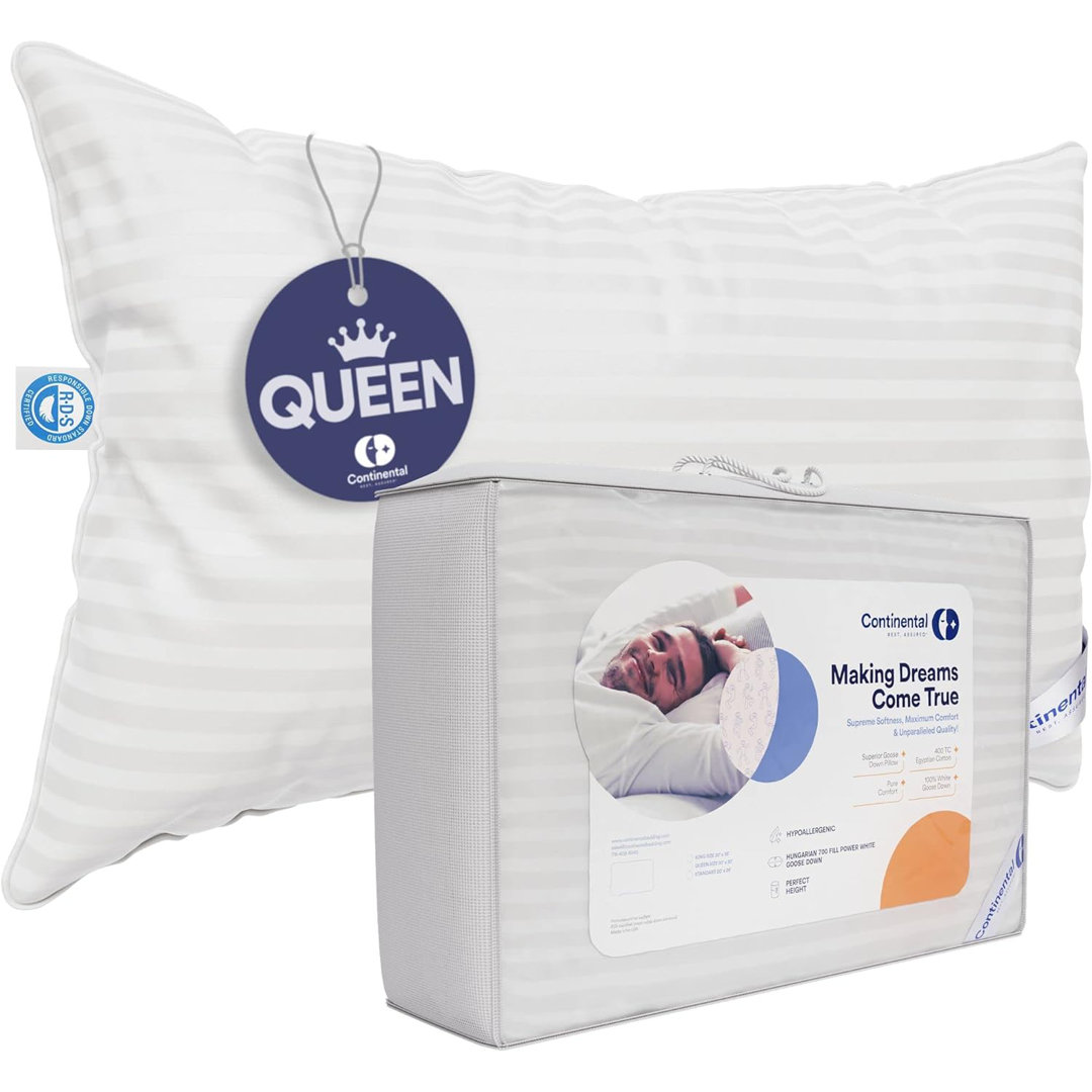 700 Fill Power 100% White Goose Down Bed Pillows 100% Cotton Firm, Medium and Plush (1 Pillow) ContinentalBedding