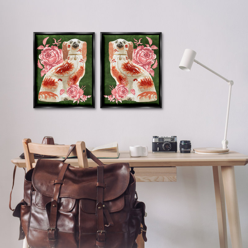 Ensemble de 2 toiles flottantes victoriennes en céramique sur fond vert, par Lil 'Rue, 21" H x 17" W