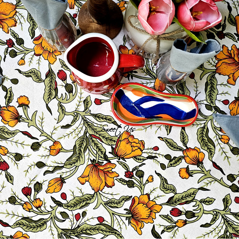 Grinnell French Floral Cotton Tablecloth, 70" Round, Amber White