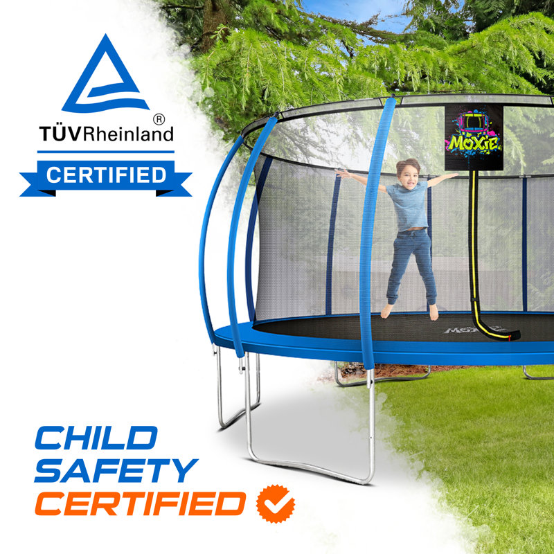 Moxie 16 FT Pumpkin-Shaped Outdoor Trampoline with Enclosure Set and with Safety Net, Mat, Pat, Blue