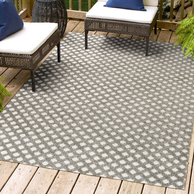 Rabat High-Low Pile Mini-Diamond Trellis Dark Gray/Ivory Indoor/Outdoor Rug, Rectangle 7'9" x 10'