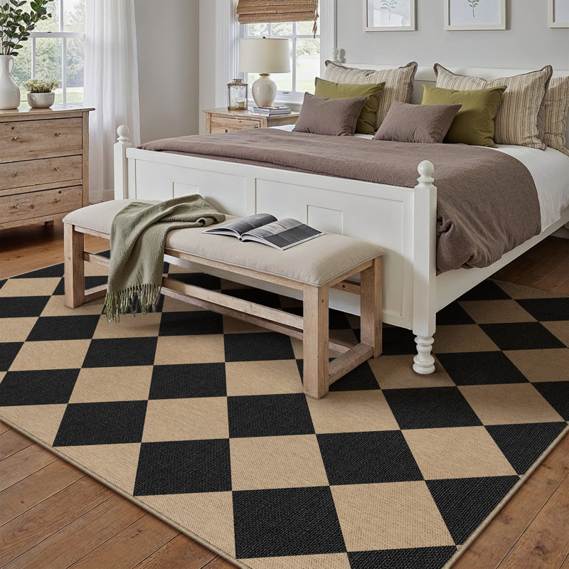 Tapis intérieur / extérieur en lin à motif de losanges lavables avec envers antidérapant Amelia, noir / brun