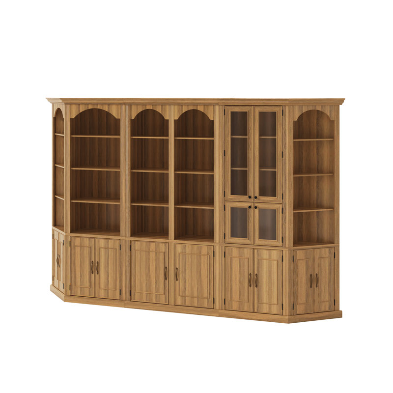 Bibliothèque murale Lareau 3 pièces l 142 po avec projecteur, portes à panneaux en acrylique, tablettes ouvertes et rangement