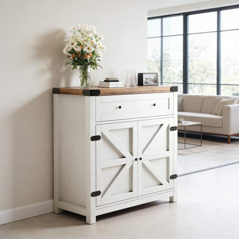 Barn Door Coffee Cabinet Drawer/Shelf Wide Top Rustic Brown/White Kitchen, Brown/White
