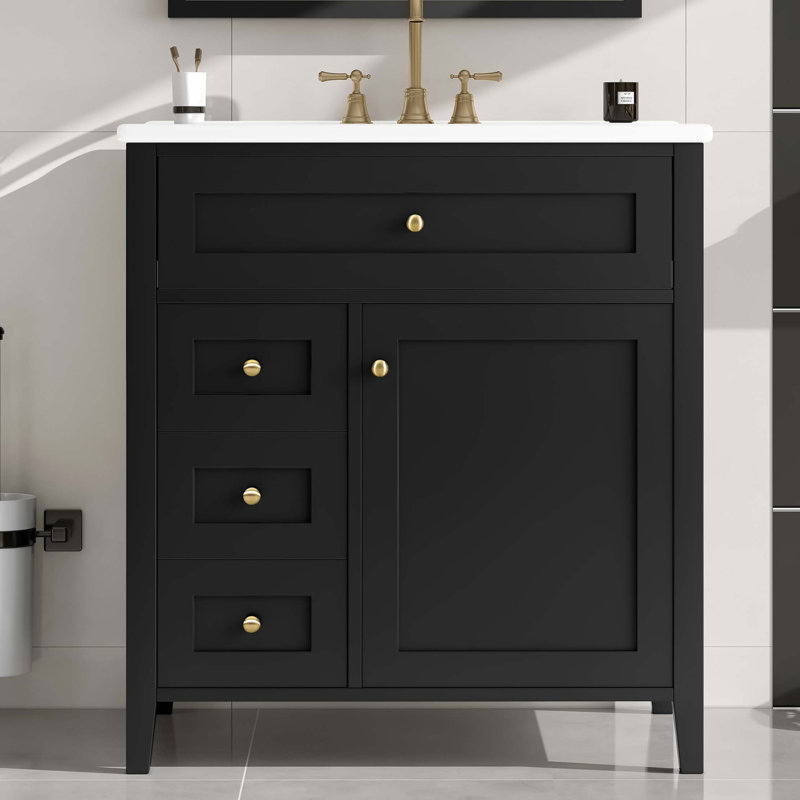 Meuble-lavabo autoportant de 30 pouces avec lavabo, armoire moderne à 3 tiroirs et tablette réglable, Noir