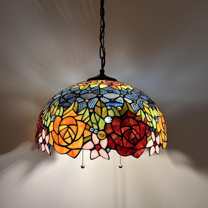 Lumières suspendues Pertev Tiffany en verre teinté rouge orangé avec fleurs et ampoules DEL incluses l 16 po x P 16 po x H 75 po