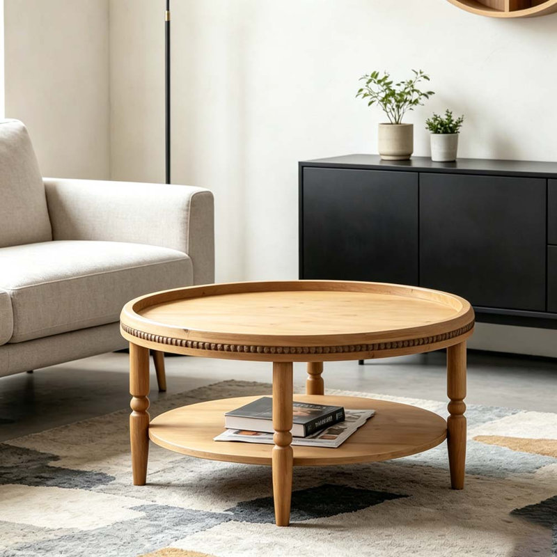31.3" Round Boho Coffee Table with Storage Shelf