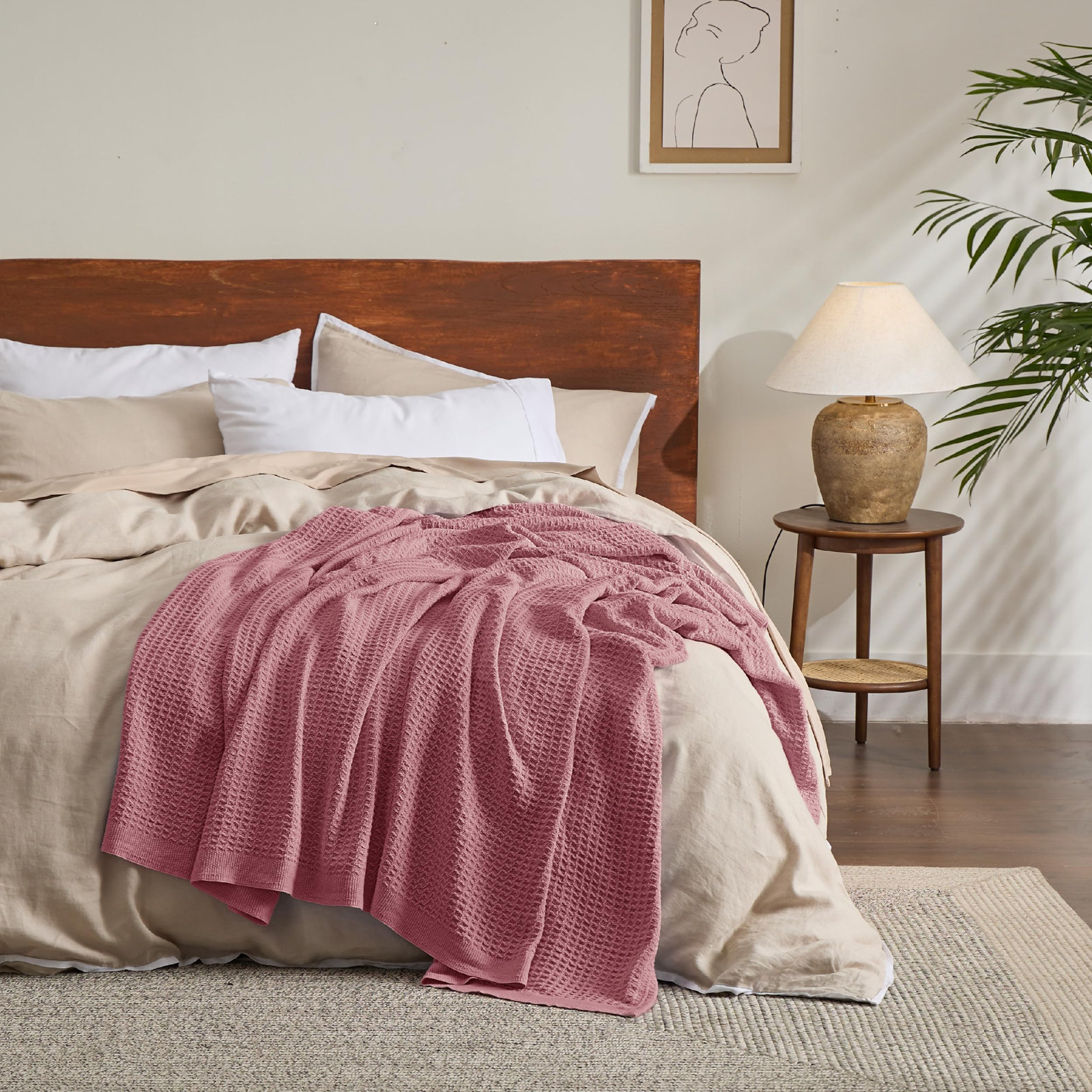 Bedsure Cotton Waffle Weave Throw Blanket, Twin XL, Dusty Rose